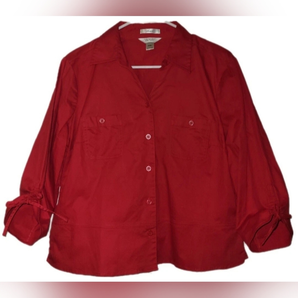 Christopher Banks Red Button Up 3/4 Sleeve Bow XL Petite Shacket Multipurpose